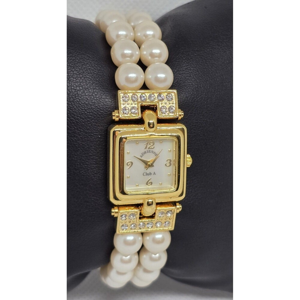 Women's Adrienne Club A Fancy Gold Tone Rhinestone Pearl Bracelet Band Watch 10 - Picture 3 of 9